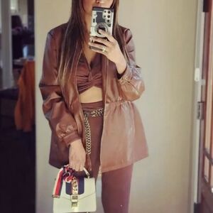 Women's Leather Brown Jacket And Brown Leather Pants 2 PC Different Brand